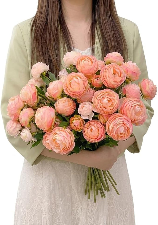 20 Stems Artificial Ranunculus Flowers, Faux Silk Blush Pink & Light Pink Bouquet, Realistic Fake Flowers for Vase, Wedding Centerpieces, Home Table Decor, Bridal Shower, Party Decoration