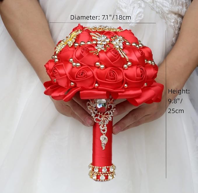 Red Bridal Wedding Bouquet Luxury Gold Rhinestone Brooch Bouquet for Bride Bridesmaid Quinceanera Satin Red Rose Artificial Flower Bouquet Wedding Red 7.1in,Bouquet3218G-Red18