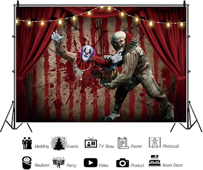 OERJU 7x5ft Halloween Evil Clown Backdrop Horror Scary Bloody Circus Carnival Photography Background Hallowmas Trick or Treat Birthday Party Banner Decoration Photo Booth Props