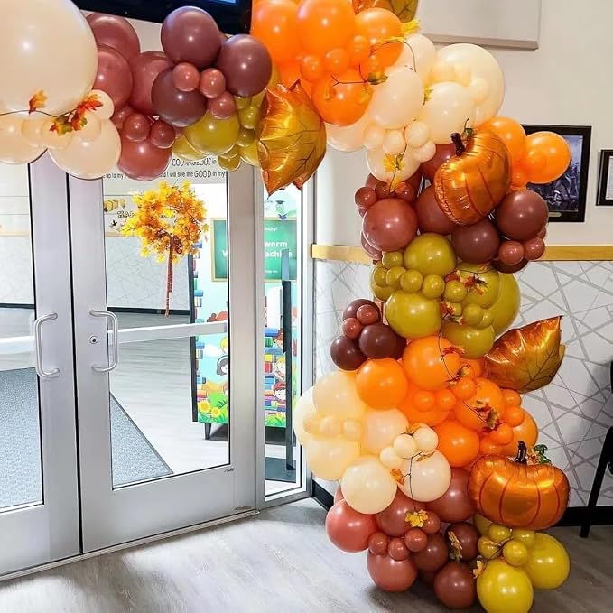 Fall Party Decoration Balloon Arch Kit, Orange Burgundy Brown Beige White Balloons with Maple Leaves Pumpkin Foil Balloons Garland for Thanksgiving Autumn Harvest Birthday Baby Shower Decor Supplies