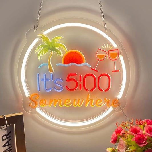 Its 5:00 Some Where Neon Sign for Wall Décor - 17"x13" Beer Led Sign for Business with Dimmable Switch - Bar Signs for Home Bar Beach Party Setups Powered by 5V USB