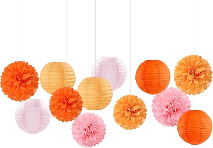 Pink-Orange Groovy Party-Decorations Paper-Flowers Lanterns - 15PCS Baby Shower Tissue Pom Poms Streamers, Fall Wedding Boho Birthday Bridal Bachelorette Sunset Hanging Supplies Decor Hugfond