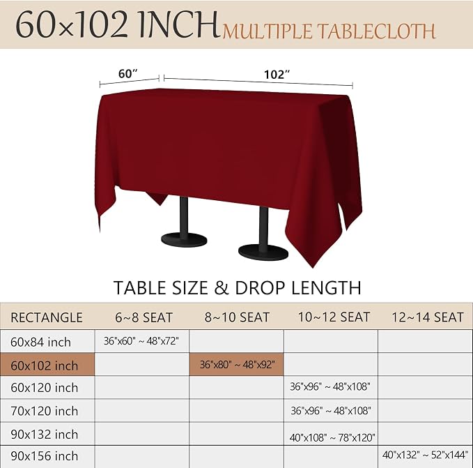 60x102 Table Cloth - 2 Pack Rectangular Black Washable Stain and Wrinkle Resistant Polyester Table Cover for Dining Tables, Various Parties and Camping (Red)