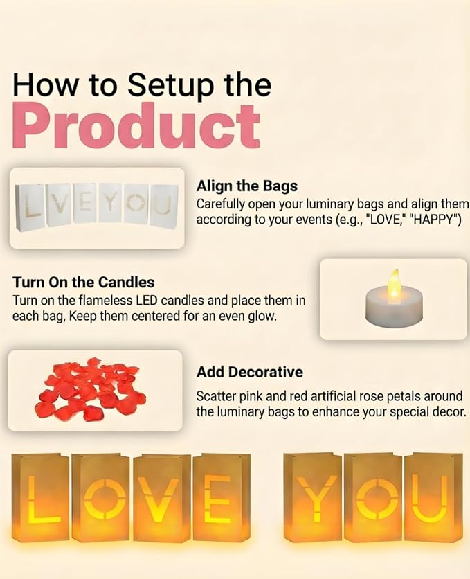 AceList Romantic Anniversary Decorations Set - Love You More Every Day 19 Pcs Luminary Bags with 40 LED Tea Lights, 2000 Rose Petals & 6 Heart Balloons - Light Up Letters Kit for Proposal