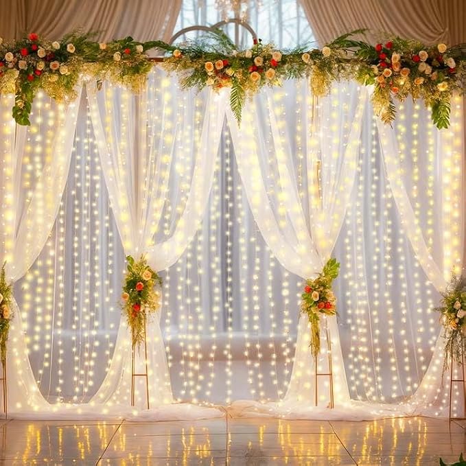 6 Panels White Sheer Tulle Backdrop Curtains with Lights String for Party Wedding Wrinkle Free Curtain Backdrops Drape for Baby Shower Birthday Photo Back Drop Background Home Decoration 30ft x 10ft