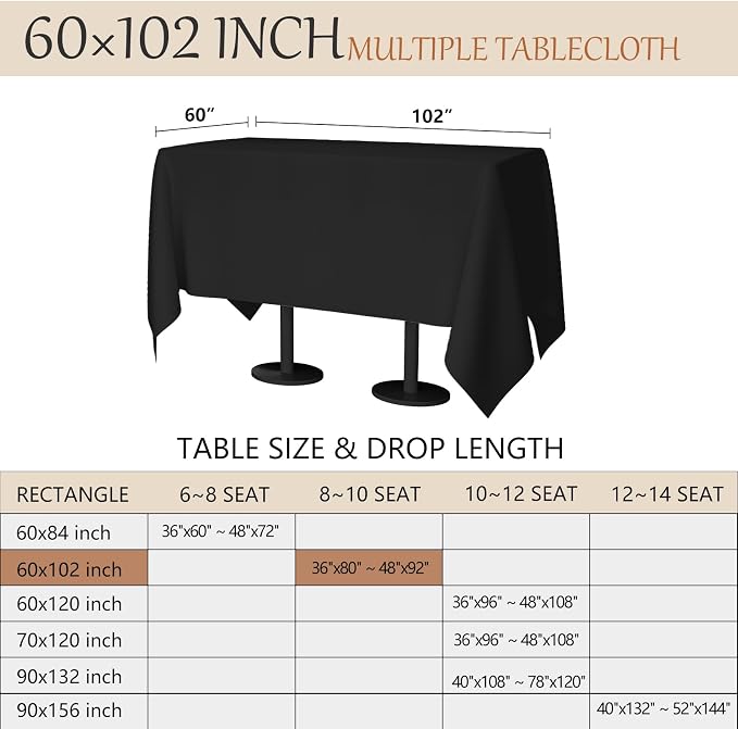 60x102 Table Cloth - 10 Pack Rectangular Black Washable Stain and Wrinkle Resistant Polyester Table Cover for Dining Tables, Various Parties and Camping (Black)