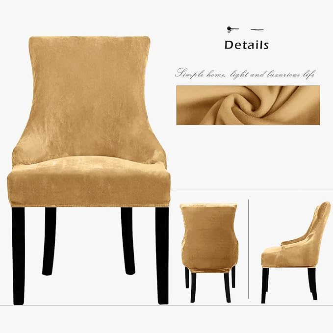 Lellen Velvet Stretch Wingback Chair Cover - Reusable Wingback Side Chair Slipcover Chair Seat Cover Chair Protector Cover for Dining Room Banquet（Beige, 4PC