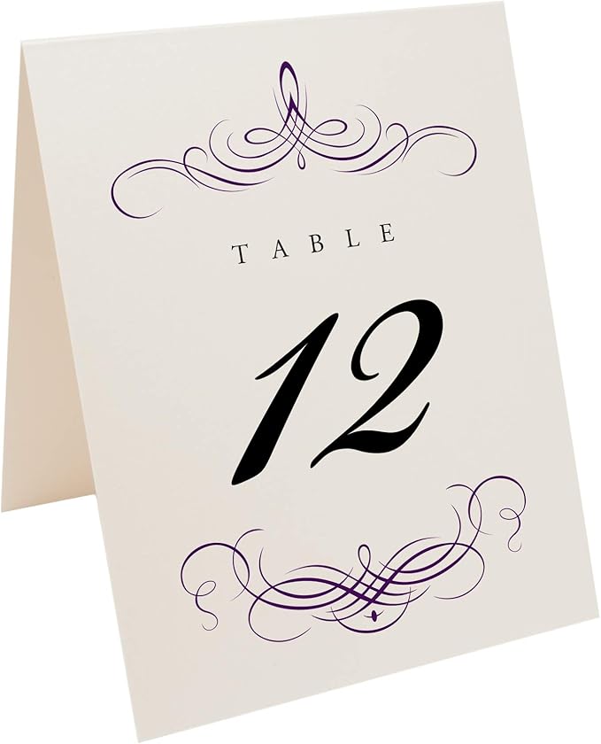 Decadent Flourish Wedding Table Numbers (Select Color/Quantity), Champagne, Eggplant, 1-110, Double Sided, Tent or Use in a Stand, Great for Parties & Restaurants