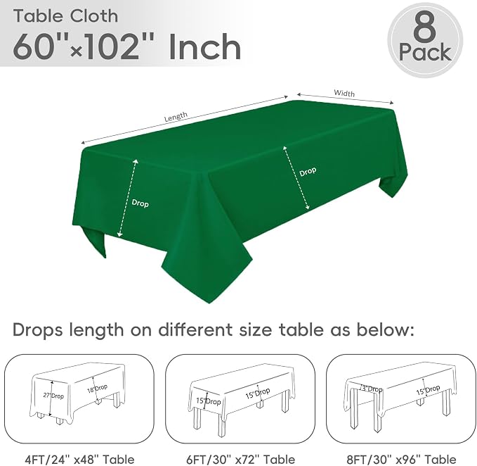 8 Pack Green Table Cloth 60 x 102 Inch Rectangular Tablecloth for 6 Foot Rectangle Tables, Wrinkle Resistant Washable Rectangle Fabric Table Covers for Wedding Party Banquet Buffet and Camping