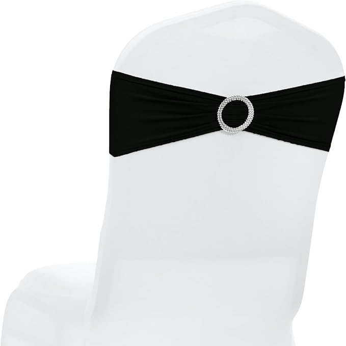 MDS Pack of 75 Spandex Chair Sashes Bow Premium Stretch Chair Cover Band with Buckle Slider Universal fits Elastic Dining Chair Ties for Wedding Party Banquet Events Decoration - Black