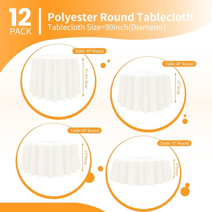 Pesonlook 12 Pack Round Tablecloth,Ivory Polyester Round 90 Inch Washable Fabric Round Table Cover for Wedding/Party/Banquet/Dining/Buffet Table