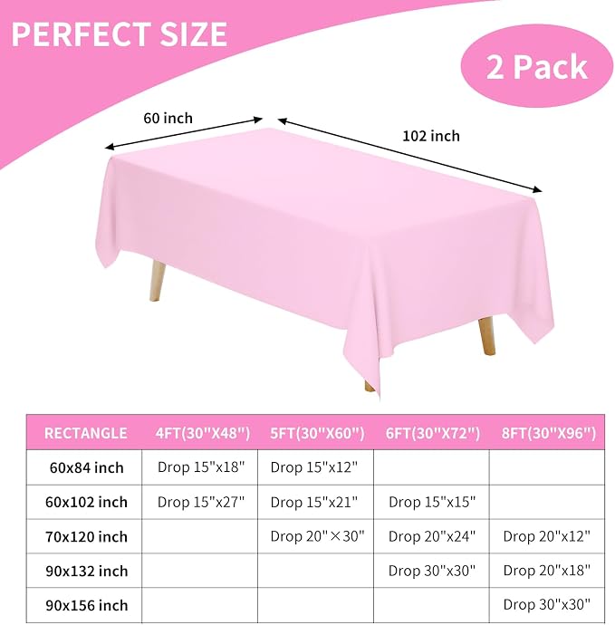 Fixwal 2 Pack Pink 60 x 102 Inch Rectangle Tablecloths, Reusable Heavy Duty Washable Polyester Table Covers for 6 Ft Tables, Baby Shower, Birthday, Wedding, Party, Outdoor