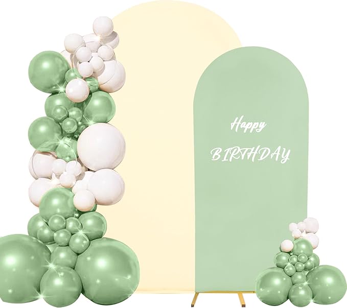 Set of 2 Spandex Fitted Arch Backdrop Cover Wedding Arch Cover Round Top Chiara Arch Backdrop Stand Covers for Birthday Party Baby Shower Wedding Arch Decor（6 FT Sage Green, 7.2 FT Beige）