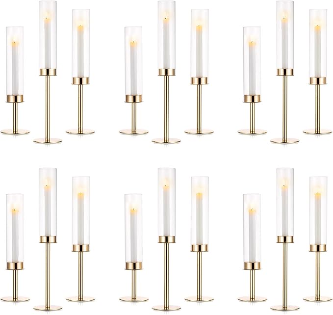 NUPTIO Gold Candlestick Holders Bulk: Set of 18 Glass Hurricane Taper Candle Holders - Decorative Candle Stick Stand for Fall Christmas Fireplace Dining Table Decor