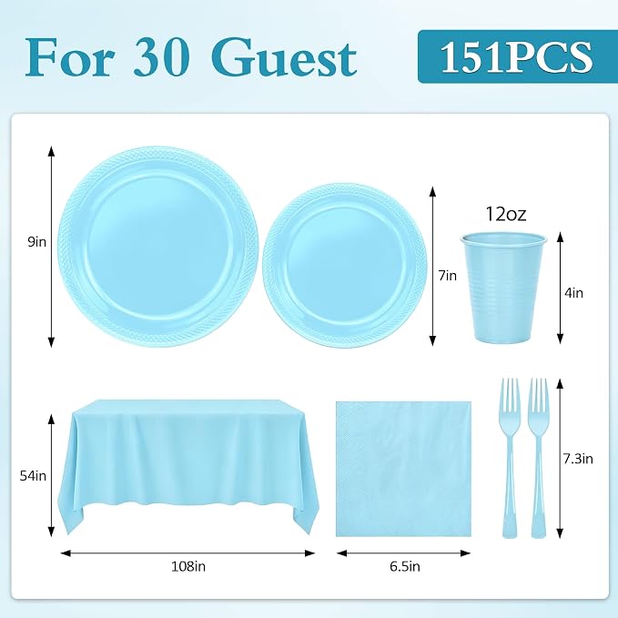 Light Blue Plastic Plates for Party,30 Guest Disposable Blue Party Supplies Including Dinner&Dessert Plate,12oz Cups,Cutlery,Napkins & Tablecloth Dinnerware Decorations for Baby Shower Birthday