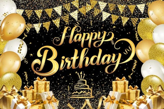 10x8ft Happy Birthday Decorations Backdrop Happy Birthday Banner for Men Women Black and Gold Photography Background Party Decorations Cake Table Supplies Photo Studio Props