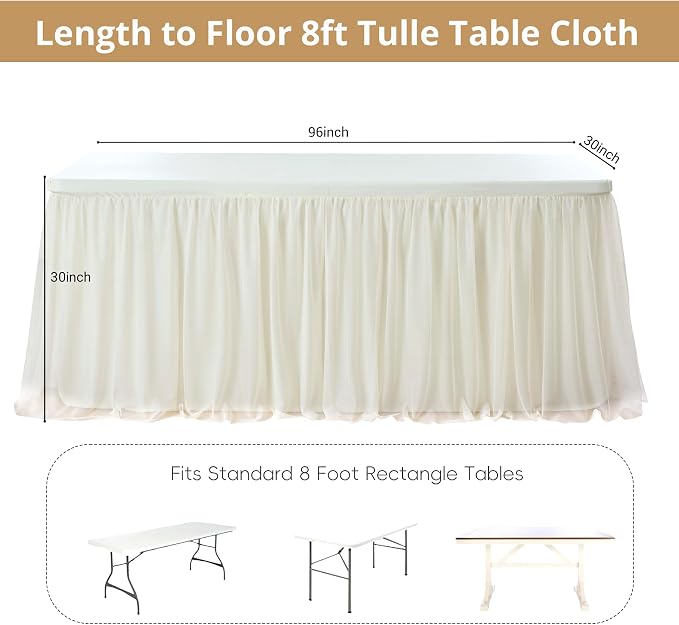 leegleri 4 pk 8ft Ivory Tulle Tablecloth for Rectangle Tables, 2-in-1 Cream Table Covers with Tulle Skirt,Wrinkle Free Stretchy Ruffle Tulle Table Cloths Fitted for Wedding Party Banquet Vendor