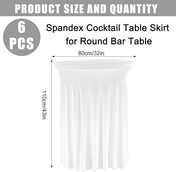 Fivenl 6 Pack Round Cocktail Tablecloth 32"x 43" Spandex Cocktail Table Skirt, Washable Stretch Fitted Table Covers for High Top Bar,Wedding,Party,Events (White)