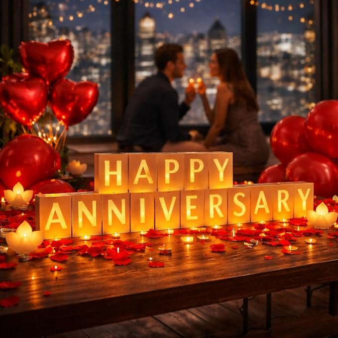 Happy Anniversary Light Up Letters, Include Light up Letters, with Tea Lights Candles, Latex Balloons, Aluminum Balloons and Rose Petals, Anniversary and Valentines' Day Decorations