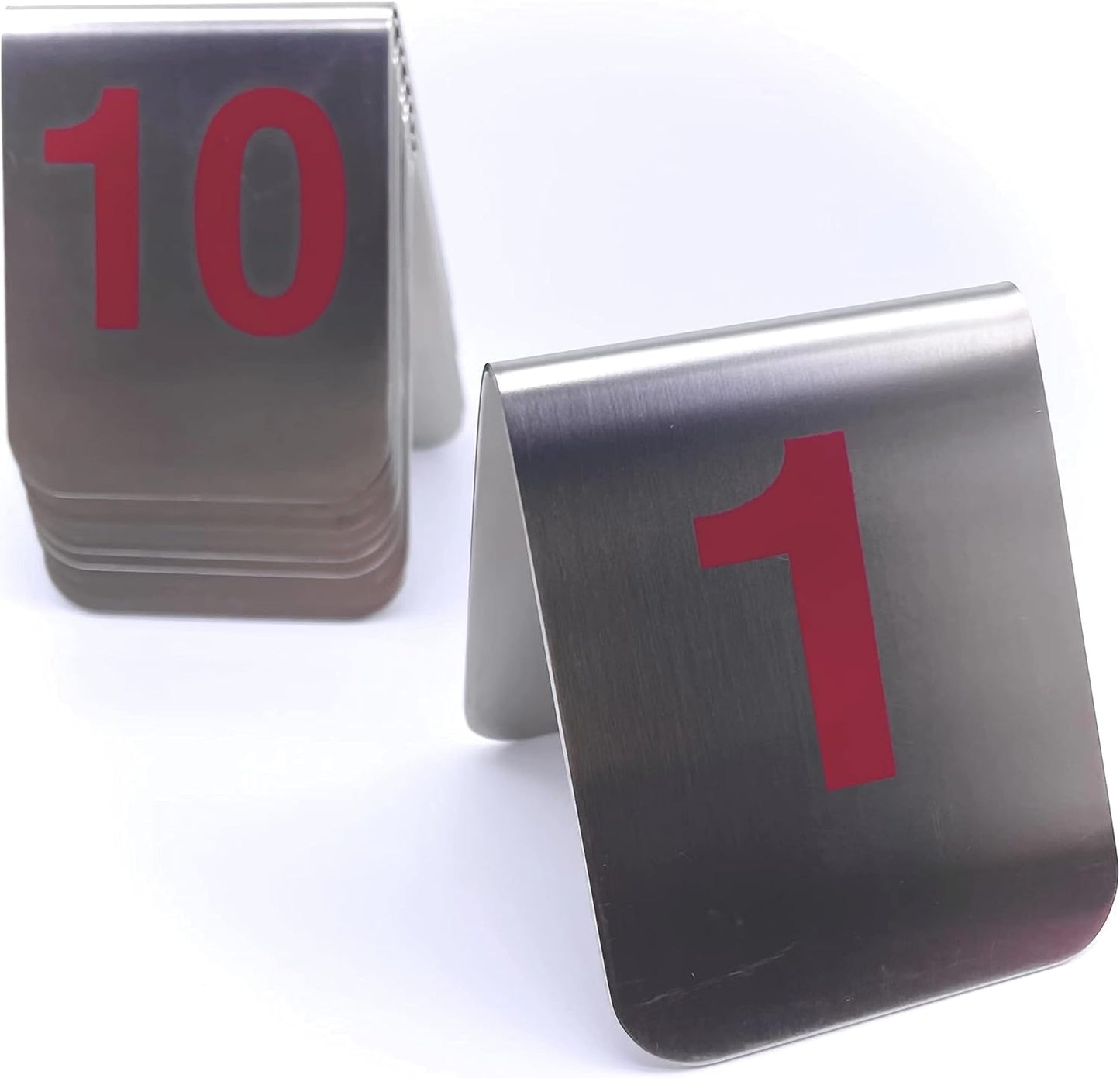 10 Pcs Metal Place Cards Stackable Tent Style Table Numbers，Place Card Holders for Celebration Wedding Party Restaurants Cafes Bars Gatherings meeting Room Board Game Serial (Medium 1-10, Red)