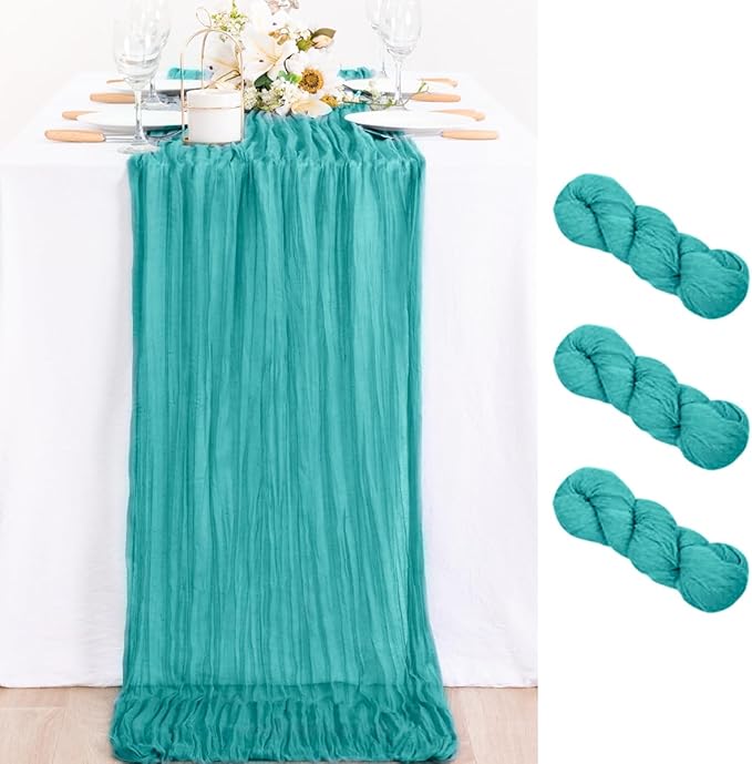 MLMC 3 Pack Teal Table Runner 10ft Spring Sheer Gauze Cheesecloth Table Runner Cheese Cloth Centerpiece Decororations 35x120 Inches for Easter Wedding Bridal Baby Shower Birthday Party Decor