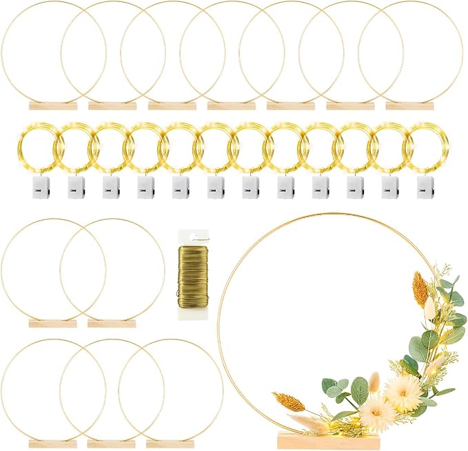 12 Pack Floral Hoop with Stand and LED Fairy Lights 12 inch Metal Rings for DIY Centerpiece Table Decorations Crafts Macrame Rings Hoop Wreath Dream Catcher Rings Wedding Christmas Wreaths, Gold