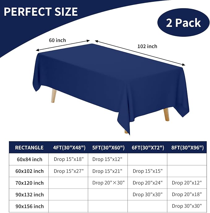 Fixwal 2 Pack Navy Blue 60 x 102 Inch Rectangle Tablecloths, Reusable Heavy Duty Washable Polyester Table Covers for 6 Ft Tables, Wedding, Party, Baby Shower, Birthday, Outdoor