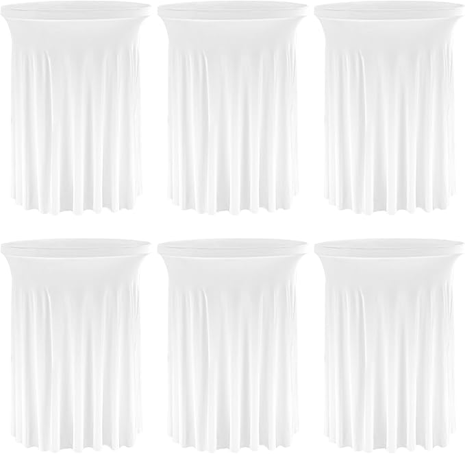 Fivenl 6 Pack Round Cocktail Tablecloth 32"x 43" Spandex Cocktail Table Skirt, Washable Stretch Fitted Table Covers for High Top Bar,Wedding,Party,Events (White)