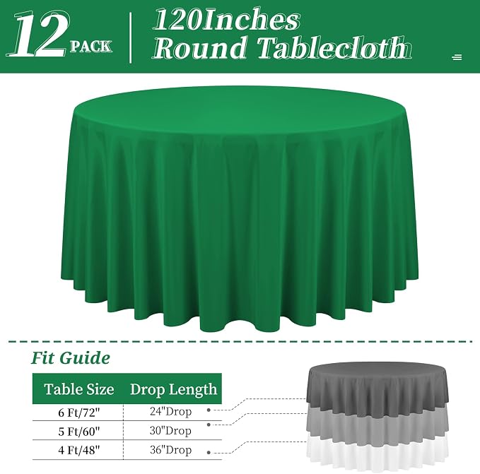 12 Pack Round Tablecloth 120 Inch - Green Polyester Tablecloth for Round Table, Premium Green Tableclothes Washable Fabric Table Cover for Wedding Party Banquet Restaurant Reception Dining