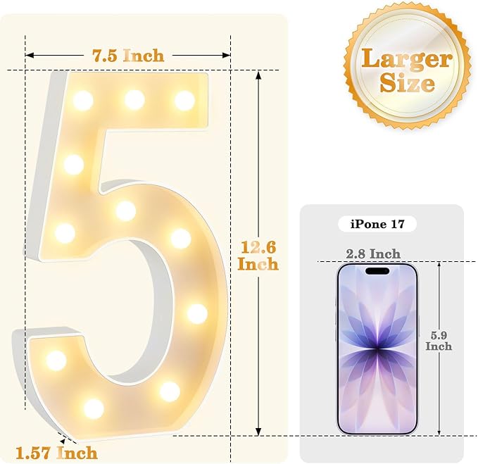 12.6 Inch LED Marquee Light Up Numbers, Birthday Number Lights as Gifts for Girls Women Men, Lighted Marquee Numbers for Anniversary Party Night Light Table Decorations, Number 5