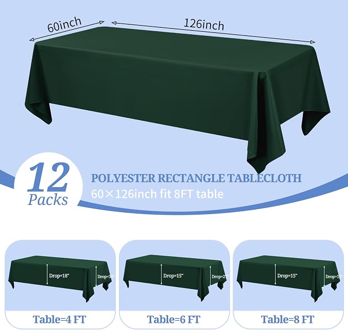 Pesonlook 12 Pack Hunter Green Tablecloth-60 x 126 Inch Rectangle Table Cloth for 8 Feet Rectangle Tables,Washable Fabric Table Cover for Wedding/Buffet Party/Events