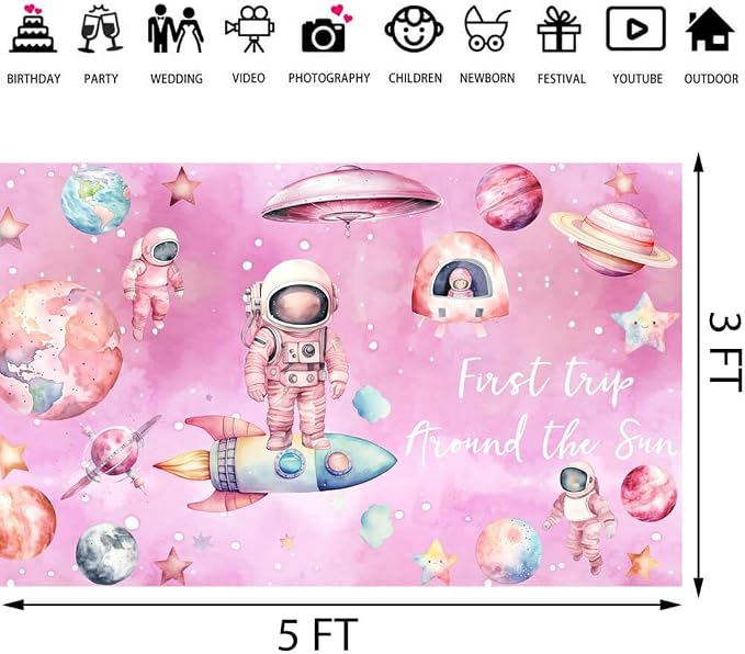 198 Pcs First Trip Around The Sun Birthday Decorations Pink Outer Space One Year Old Tableware Includes Backdrop, Banner, Cake Cupcake Topper, Plates, Cups, Tablecloth for Space Theme 1st Birthday