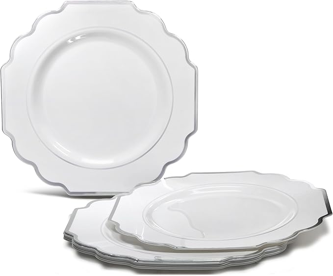 " OCCASIONS " 50 Plates Pack (25 Guests)-Heavyweight Wedding Party Disposable Plastic Plate Set -(25x10.5'' Dinner + 25x8'' Salad/Dessert) (Imperial in White & Silver Rim)