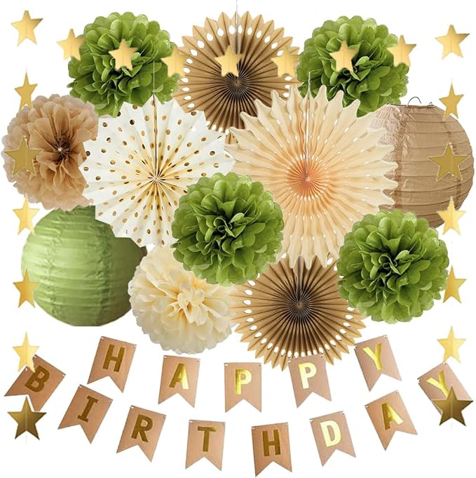 Olive Green and Brown Birthday Decorations Vintage Brown Olive Green Birthday Party Decorations Tan and Beige with Retro Happy Birthday Banner for Women Girls