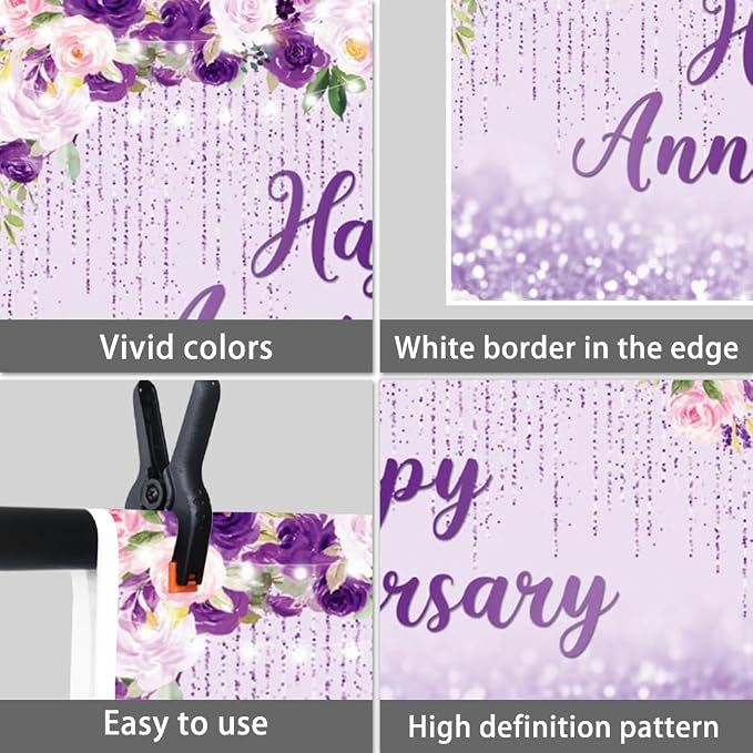 12x10ft Happy Anniversary Backdrop, Floral Glitter Backdrop for Women Wedding Anniversary Decoration Violet and Pink Flowers Photography Background Cake Table Banner Party Decor