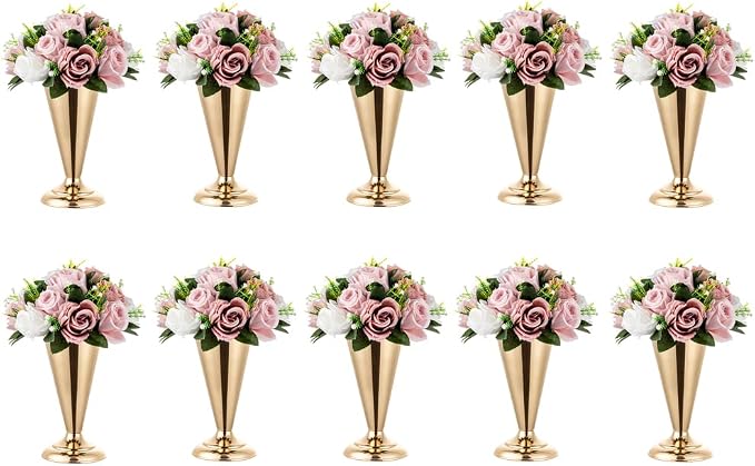 Gold Vase Centerpiece Table Decorations - 10 Pcs Metal Tabletop Flower Stand, Wedding Decorations for Reception, 9.8in Trumpet Tall Flower Vase for Birthday, Weddings, Anniversary, Home Decor