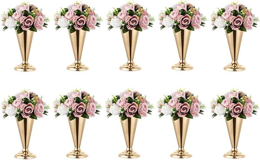 Gold Vase Centerpiece Table Decorations - 10 Pcs Metal Tabletop Flower Stand, Wedding Decorations for Reception, 9.8in Trumpet Tall Flower Vase for Birthday, Weddings, Anniversary, Home Decor