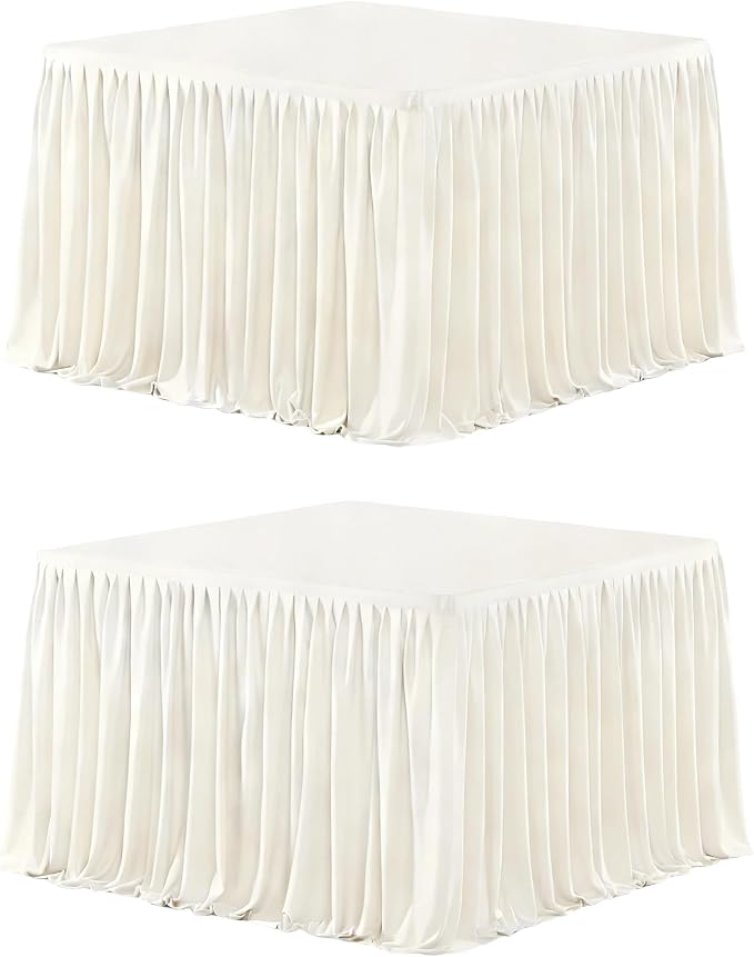Wish Care 2 Pack Cream Square Table Clothes for 2.8 Foot Tables, Polyester Fitted Tablecloths 2.8ft Stretch Table Cover for Wedding, Birthday, Parties, Trade Show, Craft Show