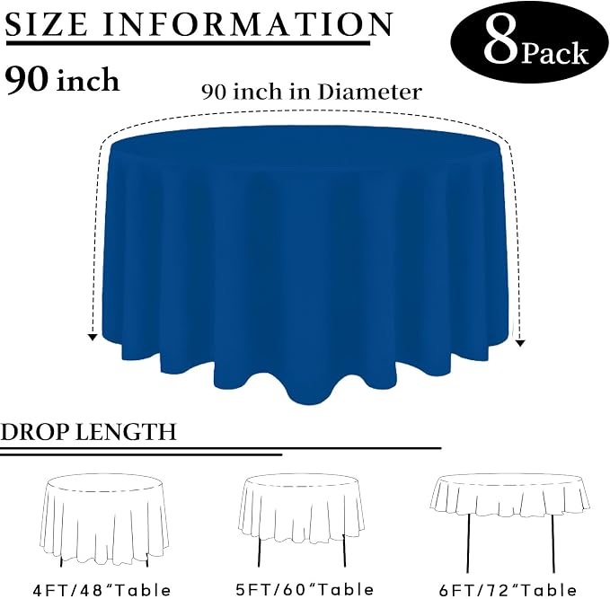 8 Packs Round Tablecloth 90 Inch Royal Blue Tablecloth for Circle Tables, Washable Polyester Fabric Table Cloth, Wrinkle Resistant Table Cloth Round Cover for Wedding Party Banquet Dining