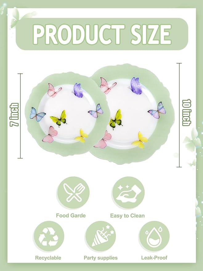 WDF 20PCS Green Butterfly Plates - Baroque Spring Plates Disposable - Butterfly Party Decorations for Birthdays/Tea Party/Bridal Shower/Mother's Day