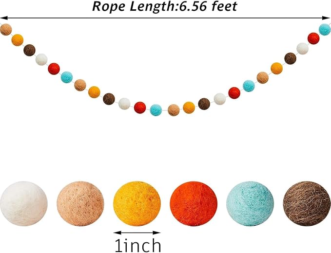 WILLBOND 3 Pieces Wool Felt Rainbow Ball Garland Colorful Pom Pom 6.5 ft Long 24 Ball Garland for Easter Mardi Gras Classroom Halloween Thanksgiving Xmas (Fancy Colors)