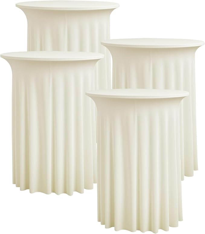 4 pk Ivory Cocktail Table Cloth Round 32×43in-High Top Highboy Bar Cocktail Tablecloths-Wrinkle Free Stretchy Fitted Spandex Table Covers with Ruffle Desk Skirt for Wedding Banquet Party Tables