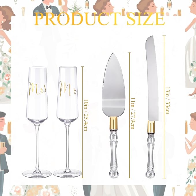 Boao 4 Pieces Wedding Toasting Flutes and Cake Server Set Wedding Reception Supplies Champagne Glasses Cake Knife Pie Server (Gold,Classic)