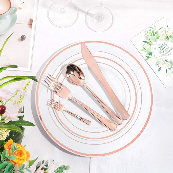 WDF 300 Pieces Rose Gold Plastic Silverware- Disposable Flatware Set - Heavy Duty Plastic Cutlery Includes 100 Forks, 100 Spoons, 100 Knives Perfect for Wedding/Party/Birthday/Mother's Day