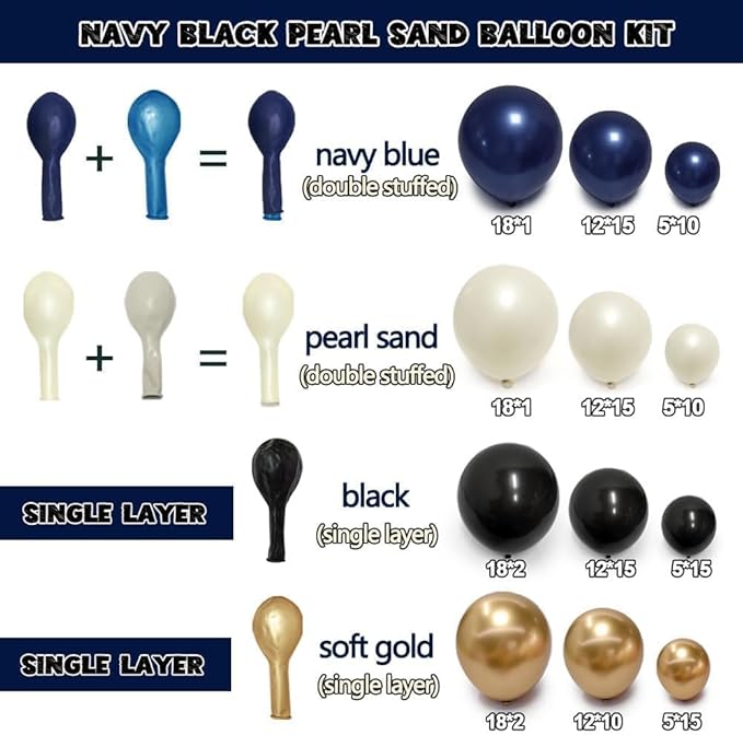 Navy Blue Black Balloon Arch - Double Stuffed Pearl White Sand, Dark Royal Blue Gold Balloon Garland Kit for Birthday 2026 Graduation Men Anniversary Prom Wedding Party Decoration