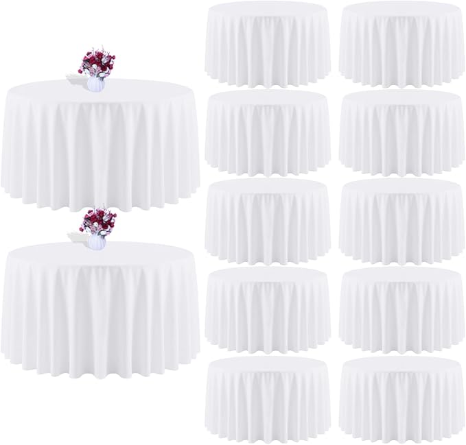 12 Packs 120 Inch White Round Tablecloth in Diameter, Washable Polyester Fabric Tablecloths, Wrinkle Resistant Table Cloth for Wedding Party Banquet Dining