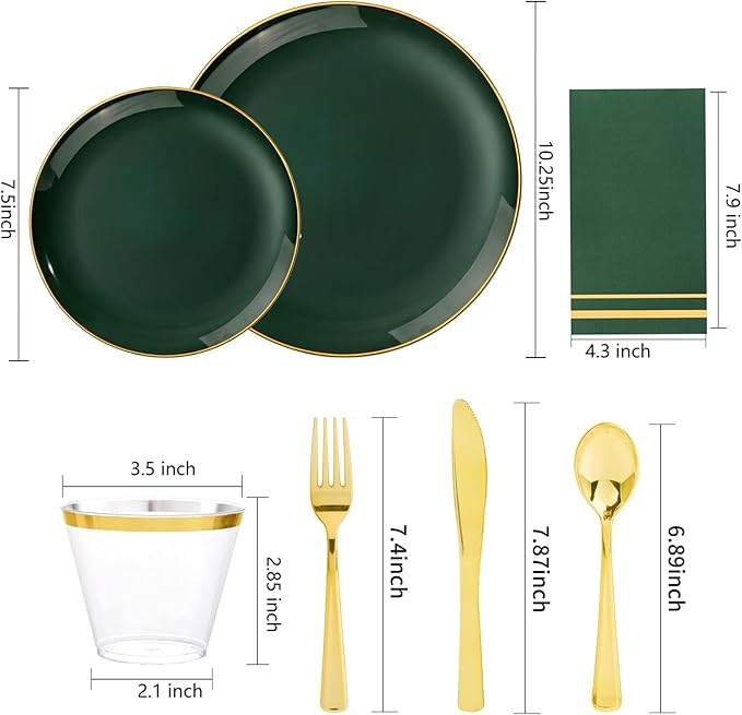 NOCCUR 350PCS Green Plastic Plates - Disposable Green Gold Dinnerware Set for 50 Guests, 100 Dinner/Dessert Plates, 150 Gold Silverware, 50 Cups&50 Napkins for Party ＆ Wedding ＆ Spring