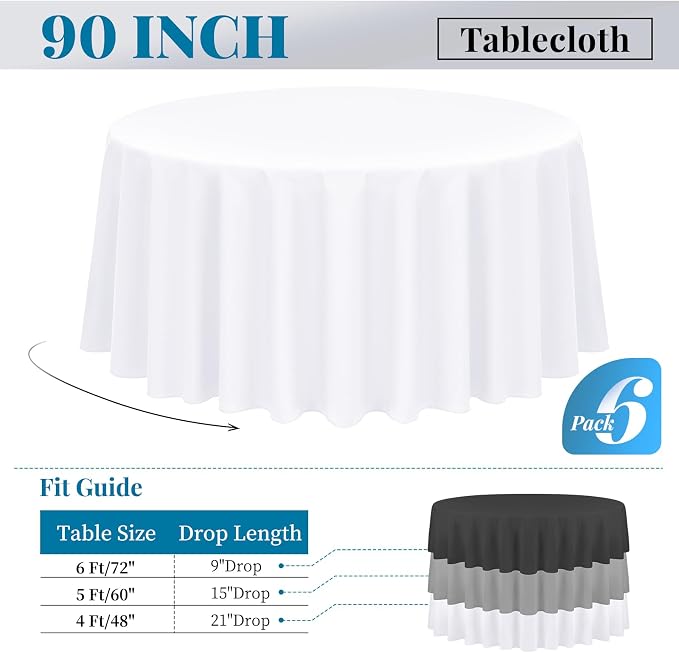 fani 6 Pack Round Polyester Tablecloth - 90 Inch, White Table Cloth for Round Table, Stain and Wrinkle Resistant Washable Circular Table Cover for Wedding Party Dining Table Buffet Parties Camping