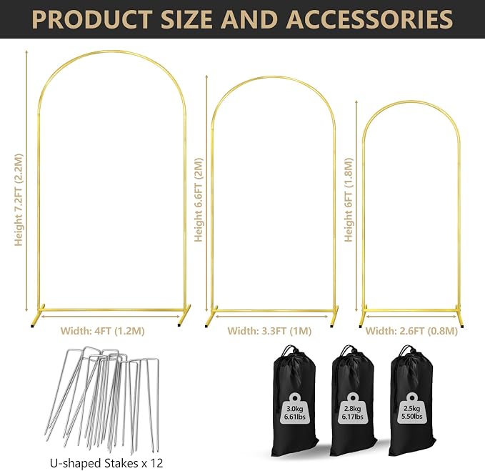 COLRASN Arch Backdrop Stand Set of 3 Gold Wedding Arches for Ceremony Bridal Arch Stand 7.2FT & 6.6FT & 6FT Garden Arbor Frame for Wedding Birthday Party Baby Shower Photo Booth Background Decor