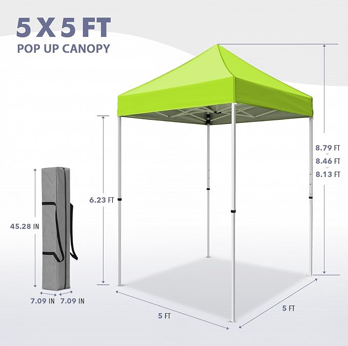 5x5 Pop Up Canopy Tent, Instant Portable Beach Canopy, Outdoor Tent with Carry Bag for Camping, Sports, Tailgating, Events, Neon Green